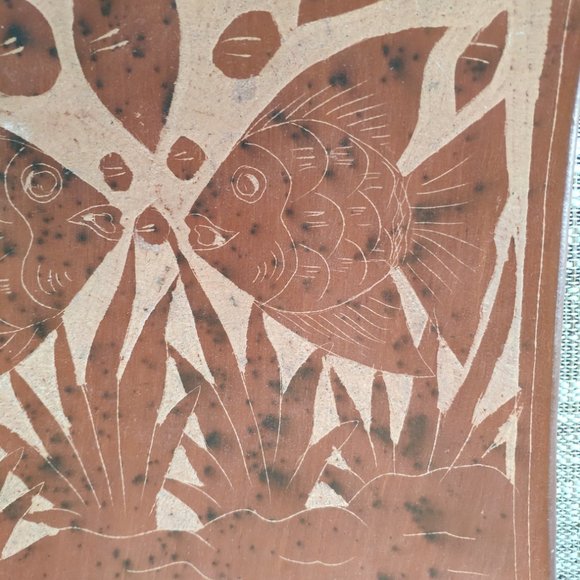 Terracotta Large Bowl Etched Carved Clay Angelfish VTG Decorative Plate 11" - Picture 7 of 12